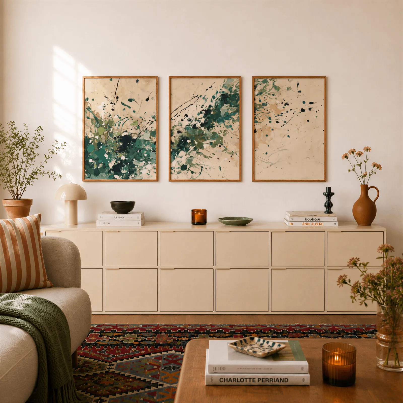 green abstract splatter triptych wall art, above a long cream sideboard topped with books and a terracotta jug