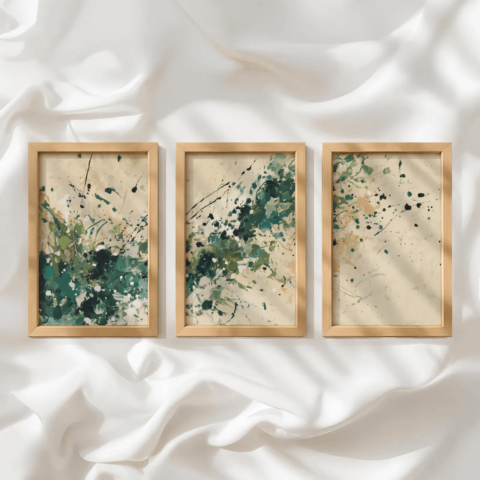 green abstract splatter triptych wall art, in a row atop rumpled white silky fabric