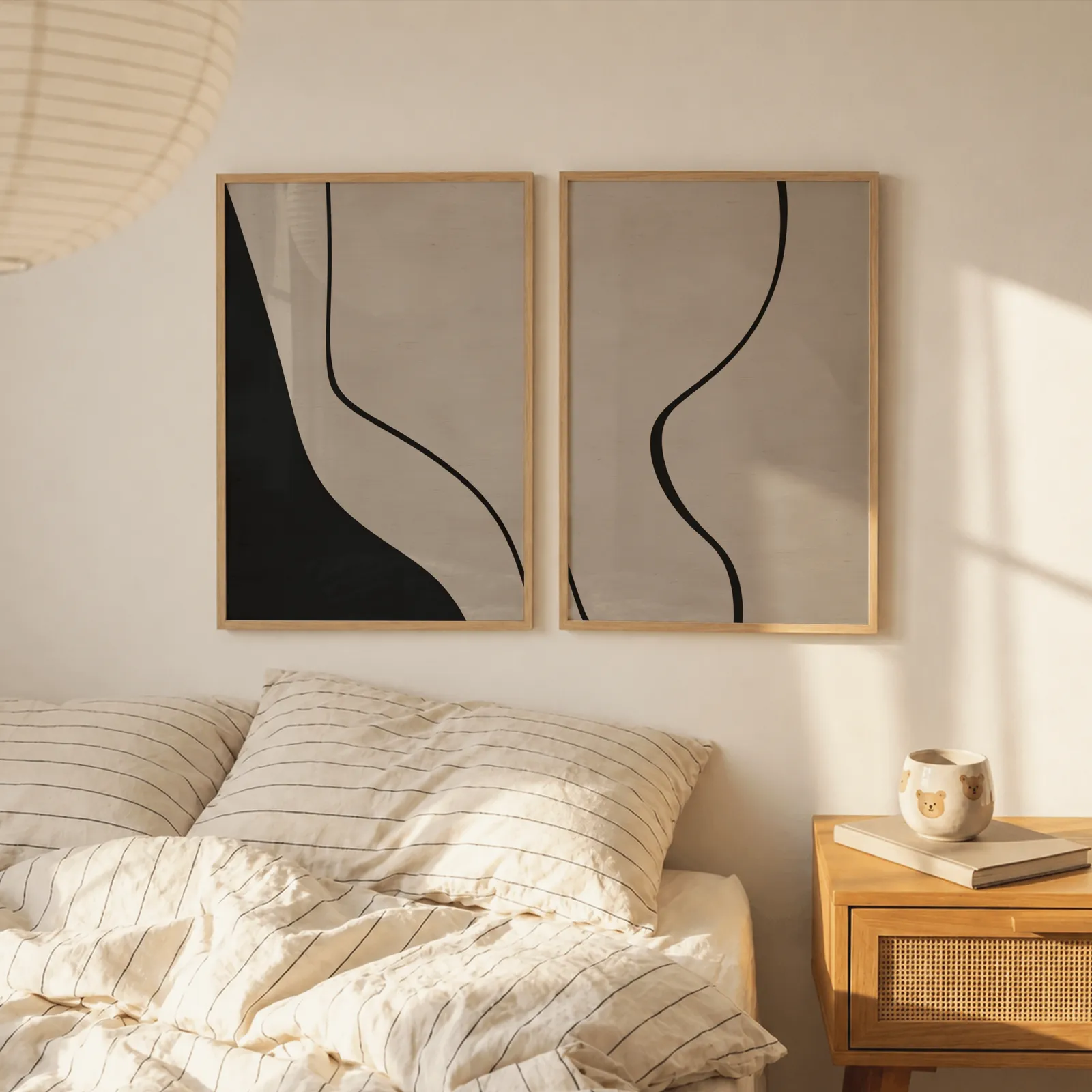 beige abstract minimalist wall art set of two, above a striped linen bed beside a paper lantern shade