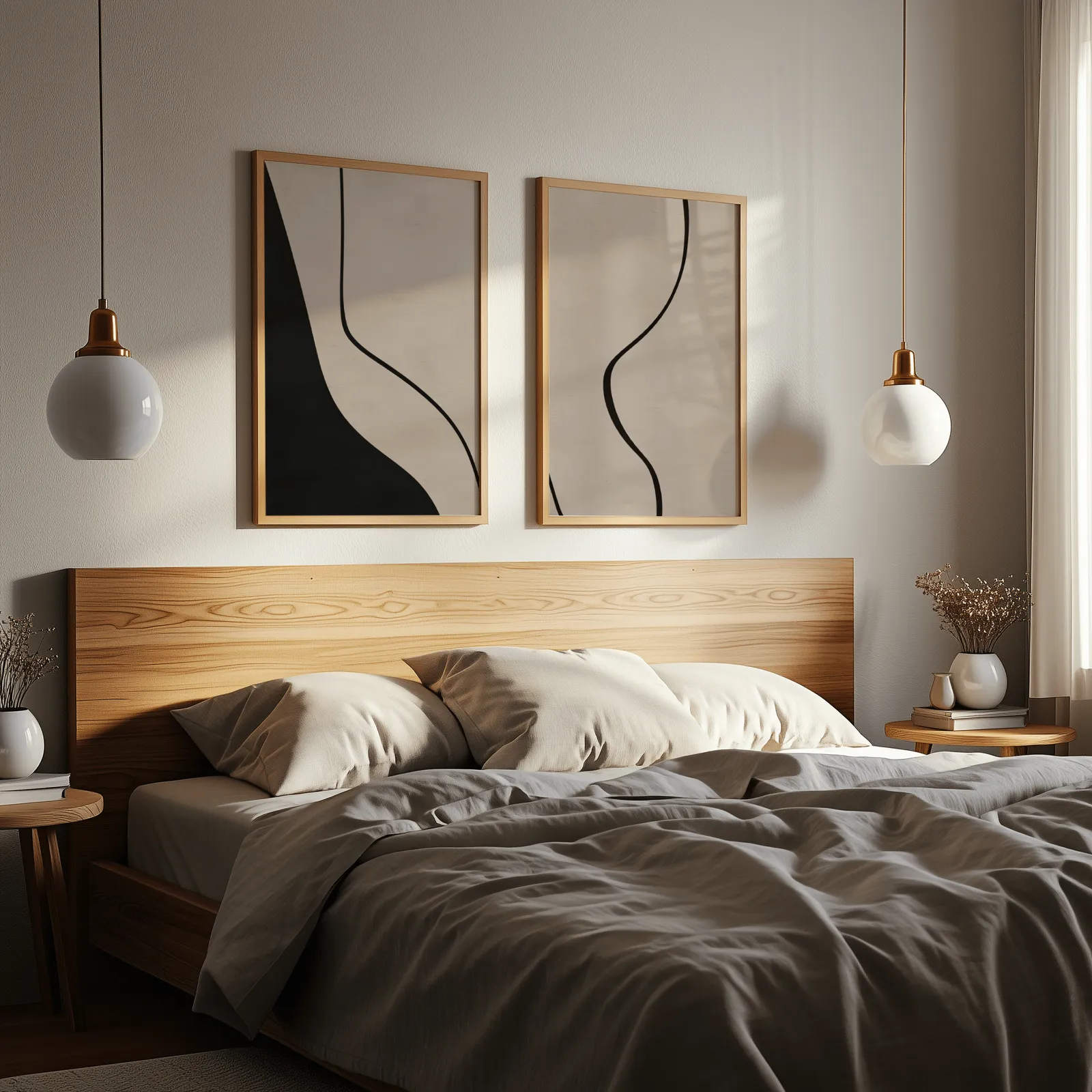 beige abstract minimalist wall art set of two, above a wooden headboard flanked by globe pendant lights