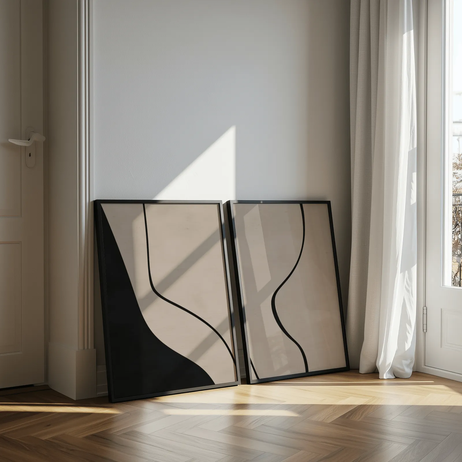 beige abstract minimalist wall art set of two, leaning against a sunlit wall by herringbone floor and sheer curtains