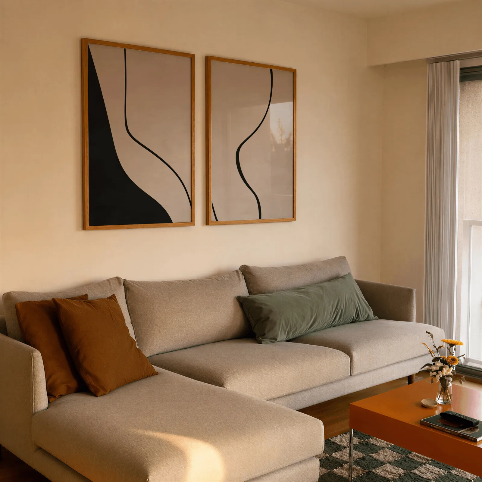 beige abstract minimalist wall art set of two, side by side above a beige sectional sofa