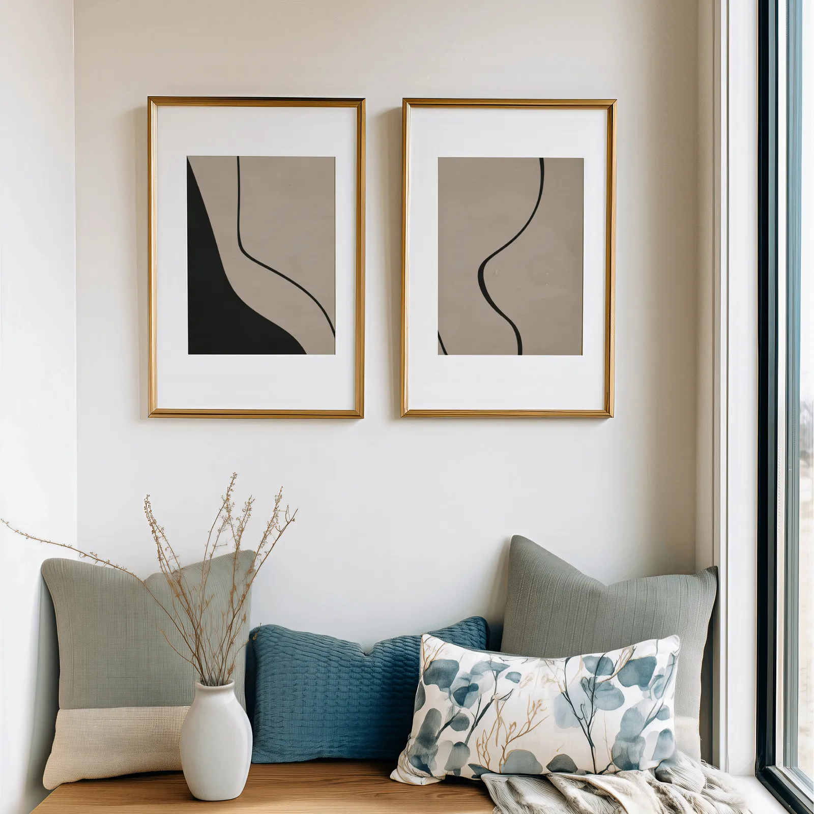 beige abstract minimalist wall art set of two, above a cushioned window seat with sage and blue pillows