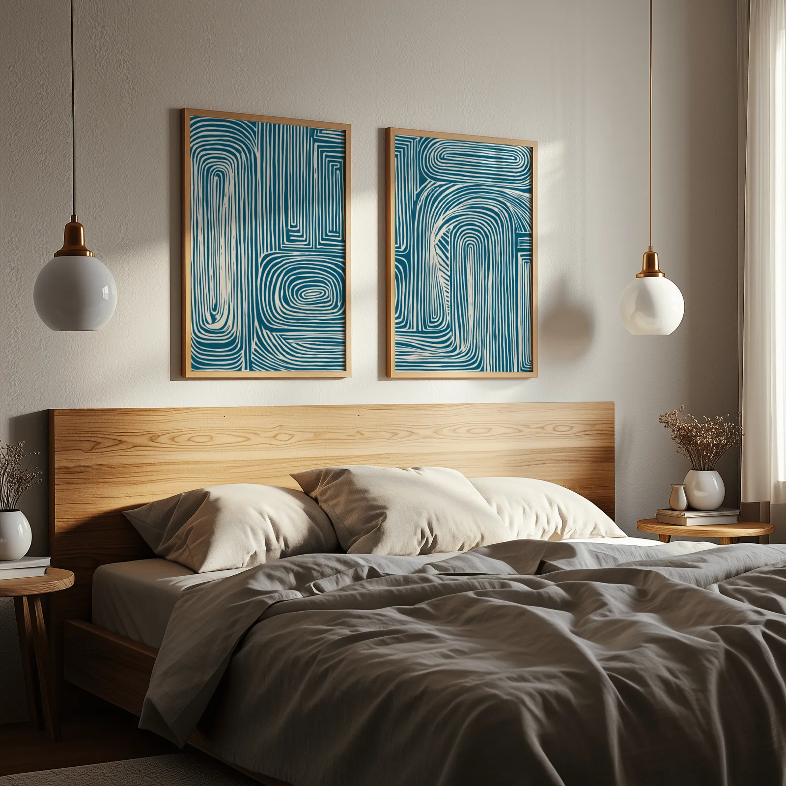 blue abstract line pattern wall art set of 2, above a wooden headboard flanked by globe pendant lights