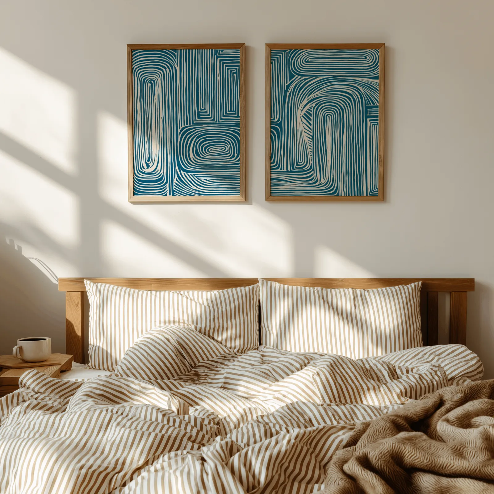 blue abstract line pattern wall art set of 2, above a wooden headboard with striped bedding and raking sunlight