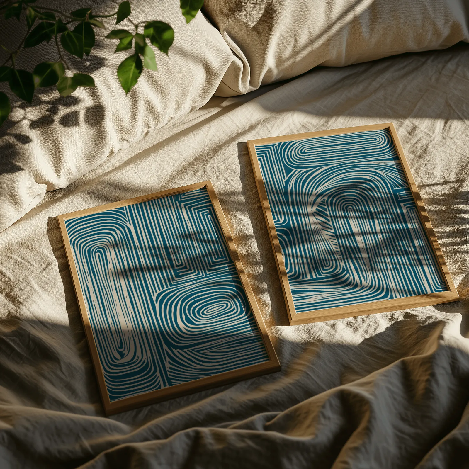 blue abstract line pattern wall art set of 2, resting on rumpled linen sheets with dappled leaf shadows