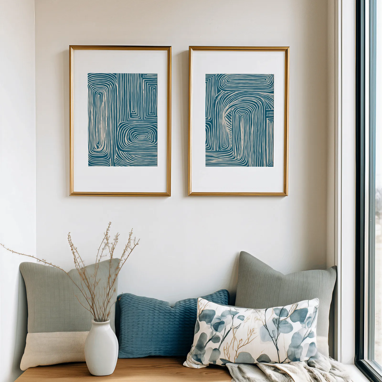 blue abstract line pattern wall art set of 2, above a cushioned window seat with sage and blue pillows