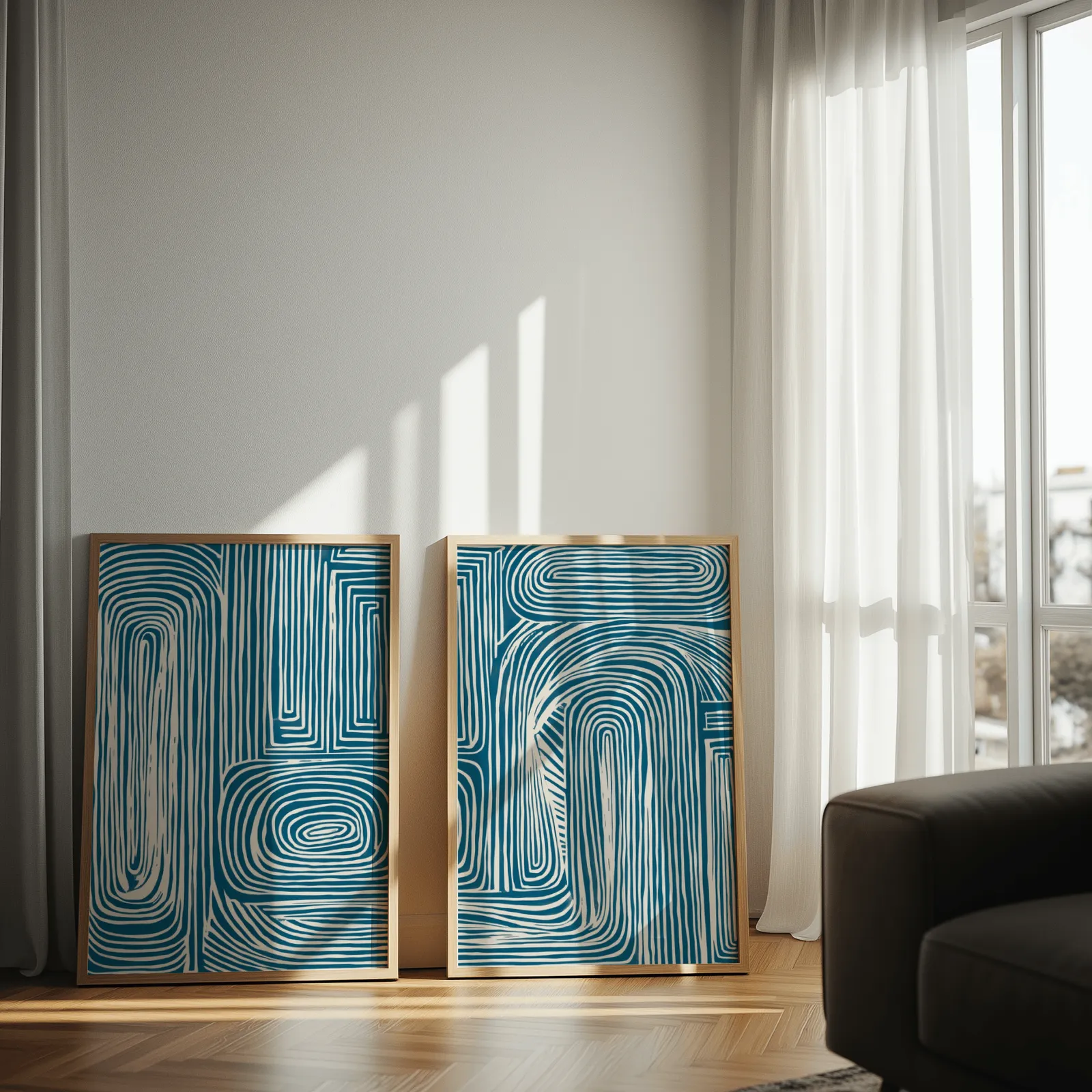 blue abstract line pattern wall art set of 2, leaning against a sunlit wall by sheer curtains