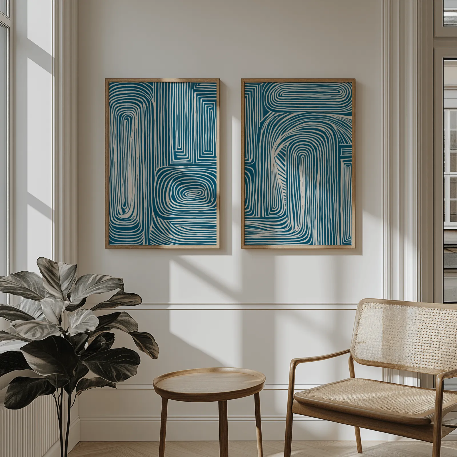 blue abstract line pattern wall art set of 2, above wainscoting beside a cane armchair and fiddle-leaf fig