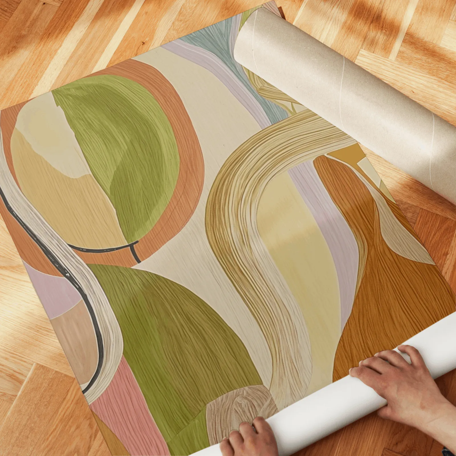 abstract terracotta and green wall art set of 3, unrolled across a herringbone wood floor by hand