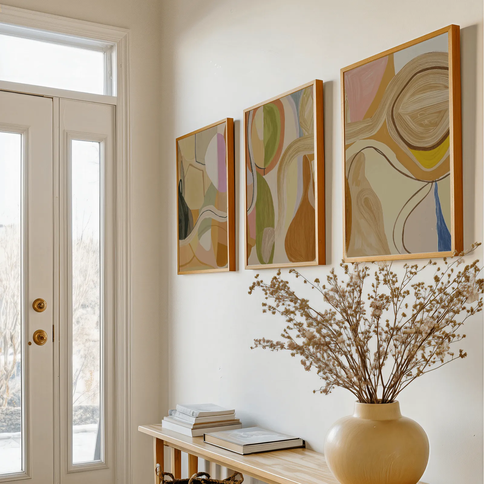 abstract terracotta and green wall art set of 3, above a console table with a yellow vase of dried branches
