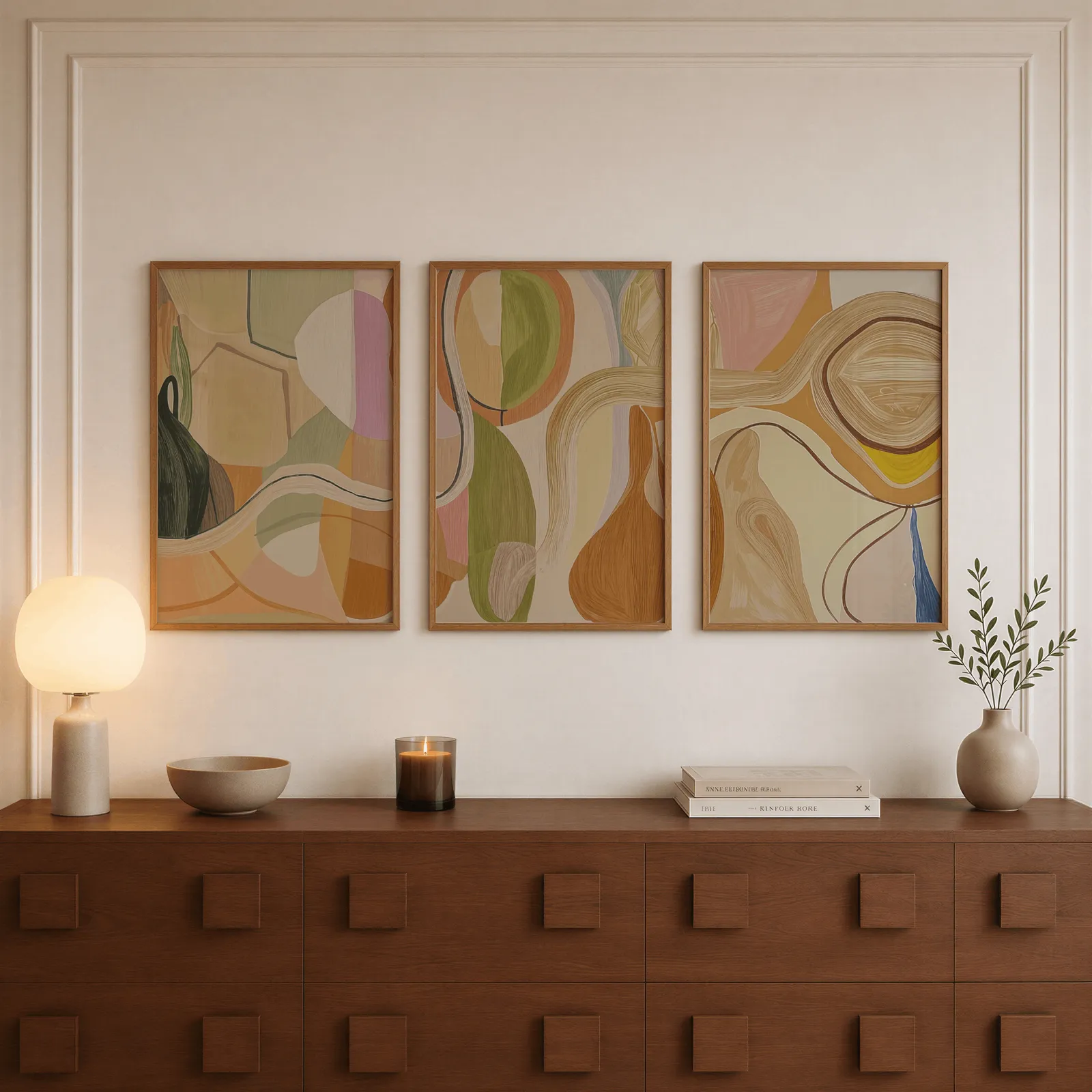 abstract terracotta and green wall art set of 3, above a walnut sideboard with a lit candle and glowing lamp