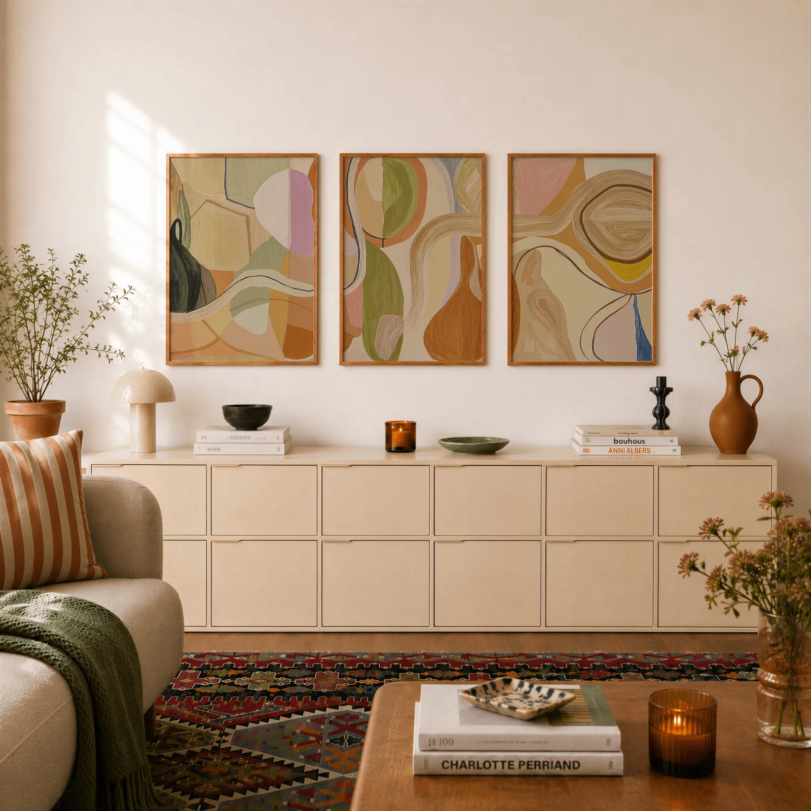 abstract terracotta and green wall art set of 3, above a long cream sideboard topped with books and a terracotta jug