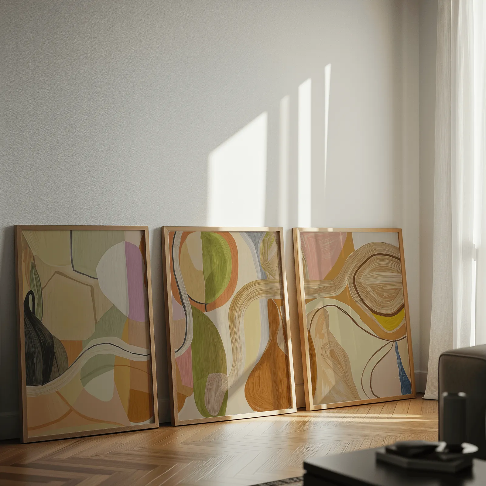 abstract terracotta and green wall art set of 3, leaning against a sunlit wall on herringbone flooring