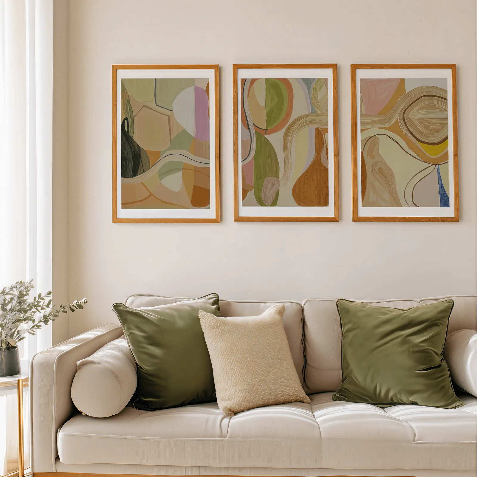 abstract terracotta and green wall art set of 3, above a beige sofa piled with olive green cushions