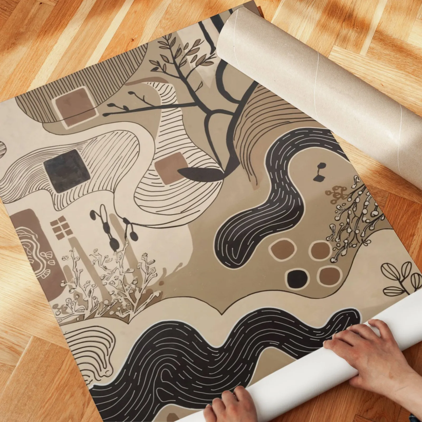 brown abstract nature wall art with winding lines, unrolled across a herringbone parquet floor by hand