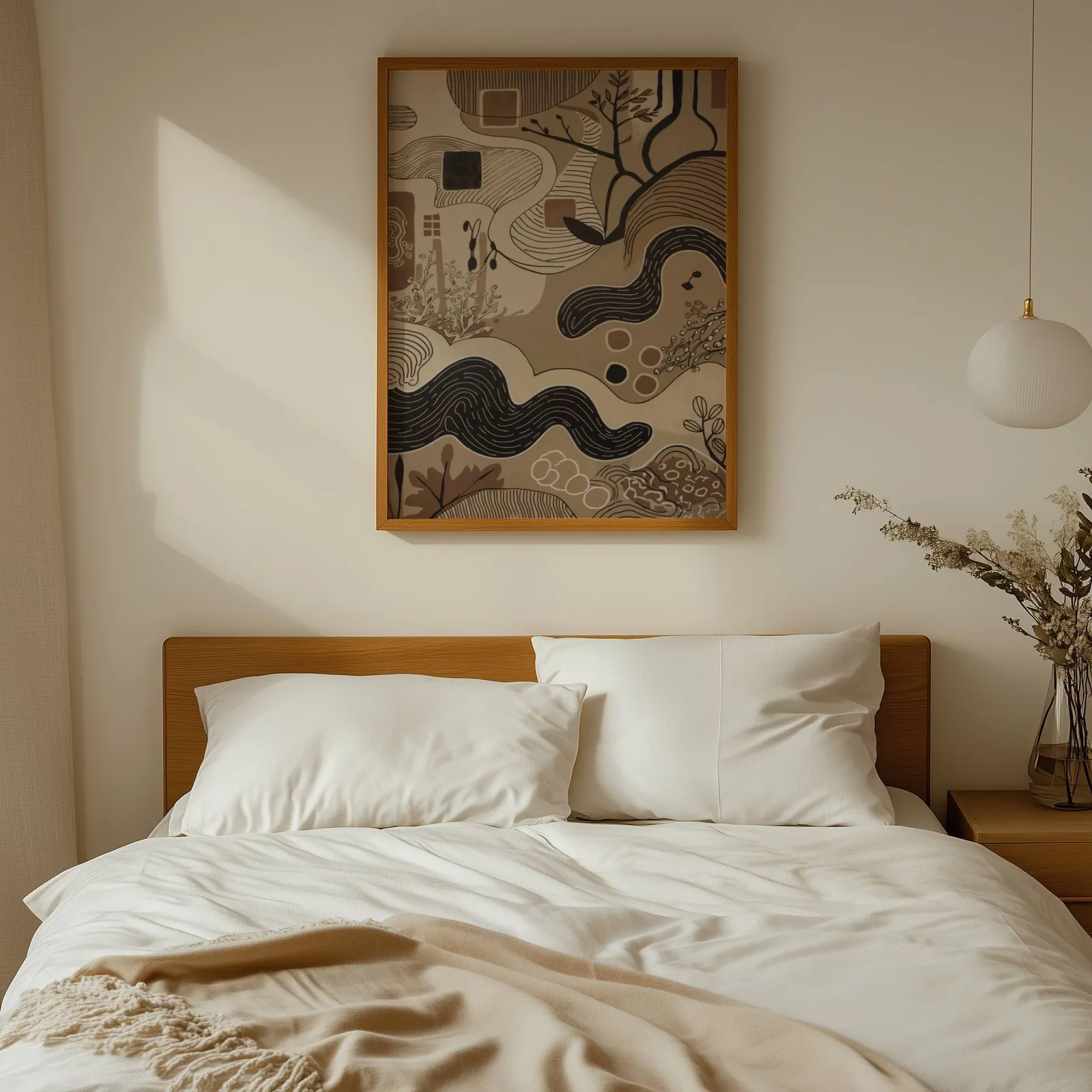 brown abstract nature wall art with winding lines, above a wooden headboard with white linen pillows