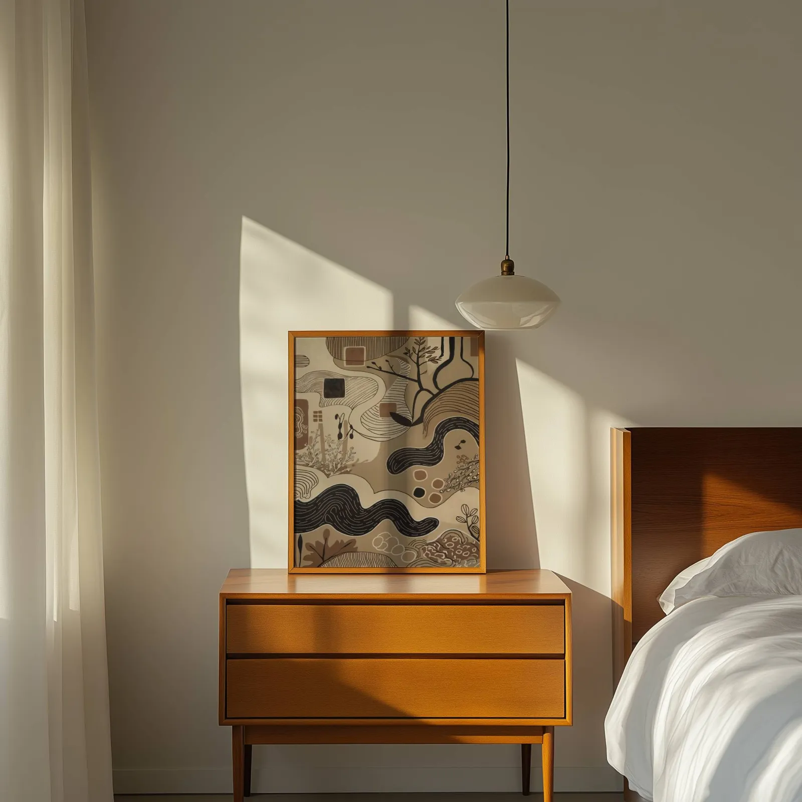 brown abstract nature wall art with winding lines, propped on a wooden dresser beside a pendant lamp