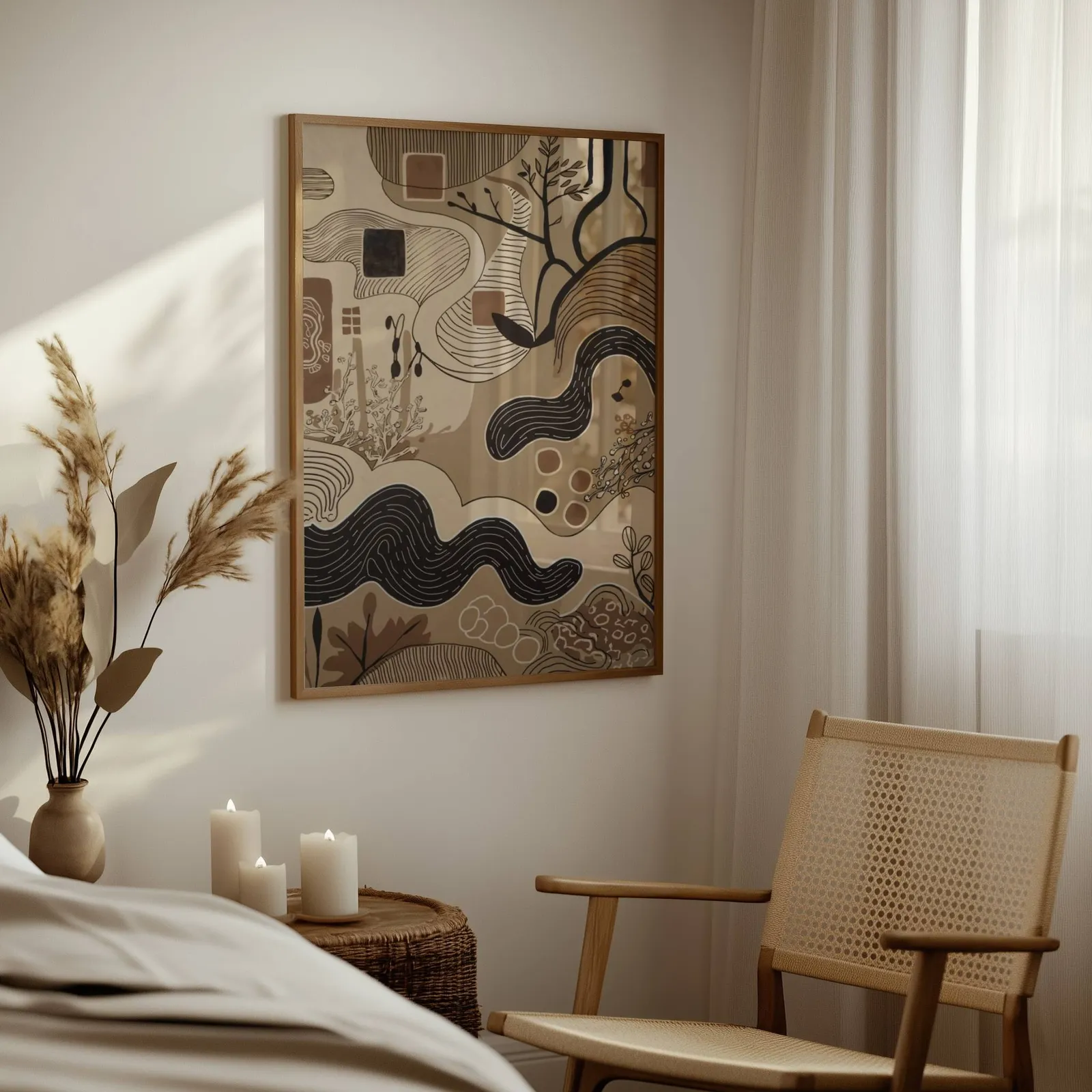brown abstract nature wall art with winding lines, above a woven side table with lit candles and pampas grass