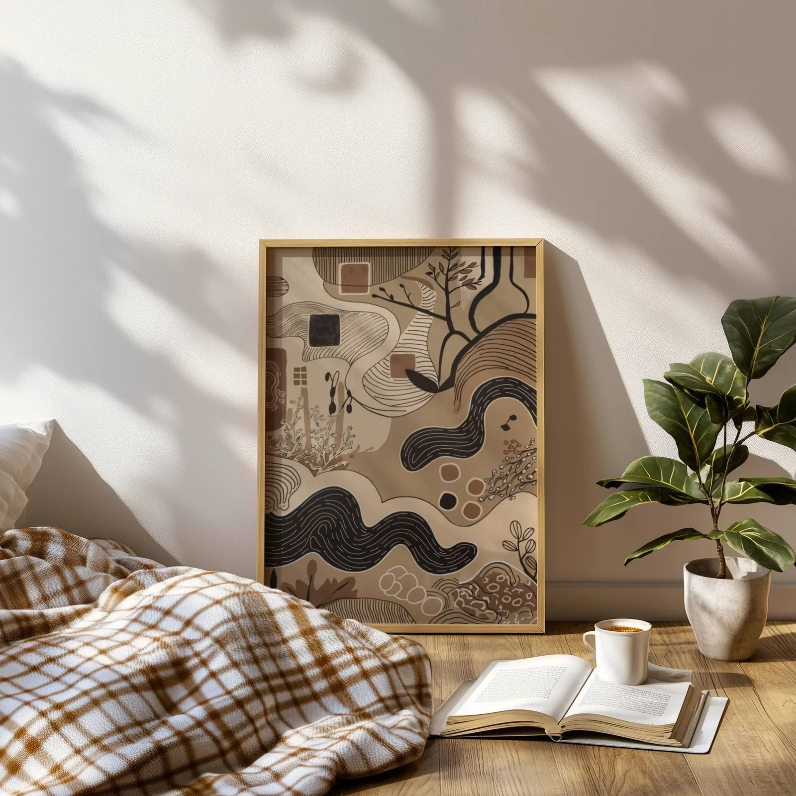 brown abstract nature wall art with winding lines, leaning on a sunlit floor beside a plaid blanket and open book