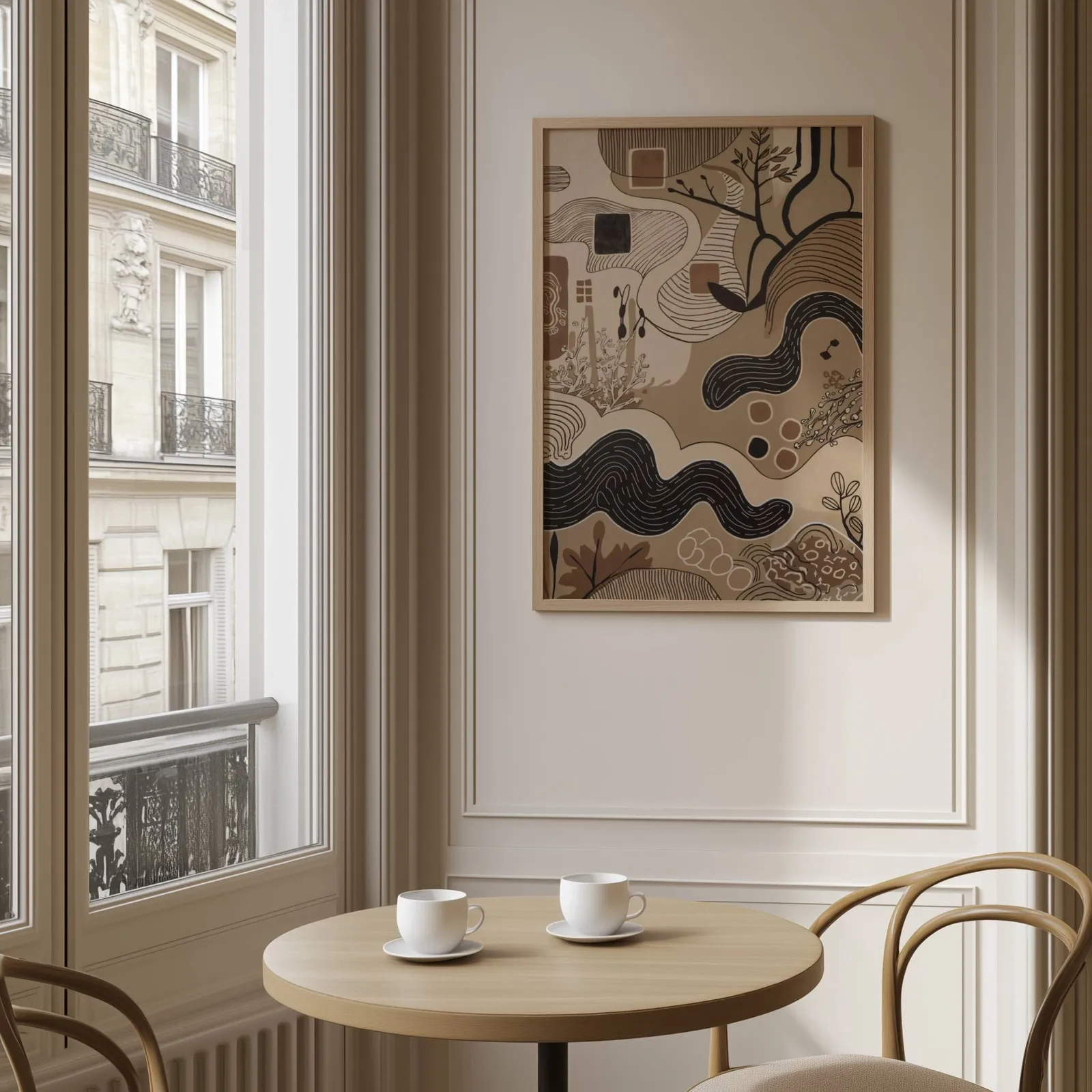brown abstract nature wall art with winding lines, above a round café table set with two coffee cups