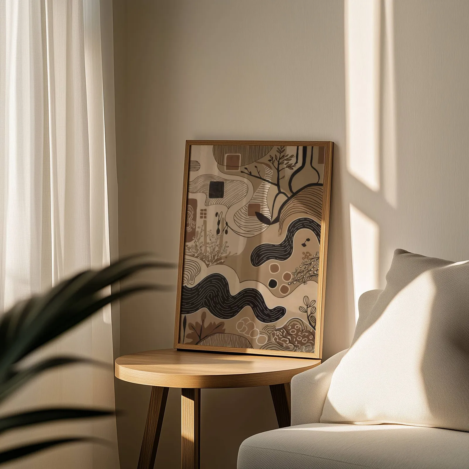 brown abstract nature wall art with winding lines, leaning on a round wooden side table by a sheer curtain