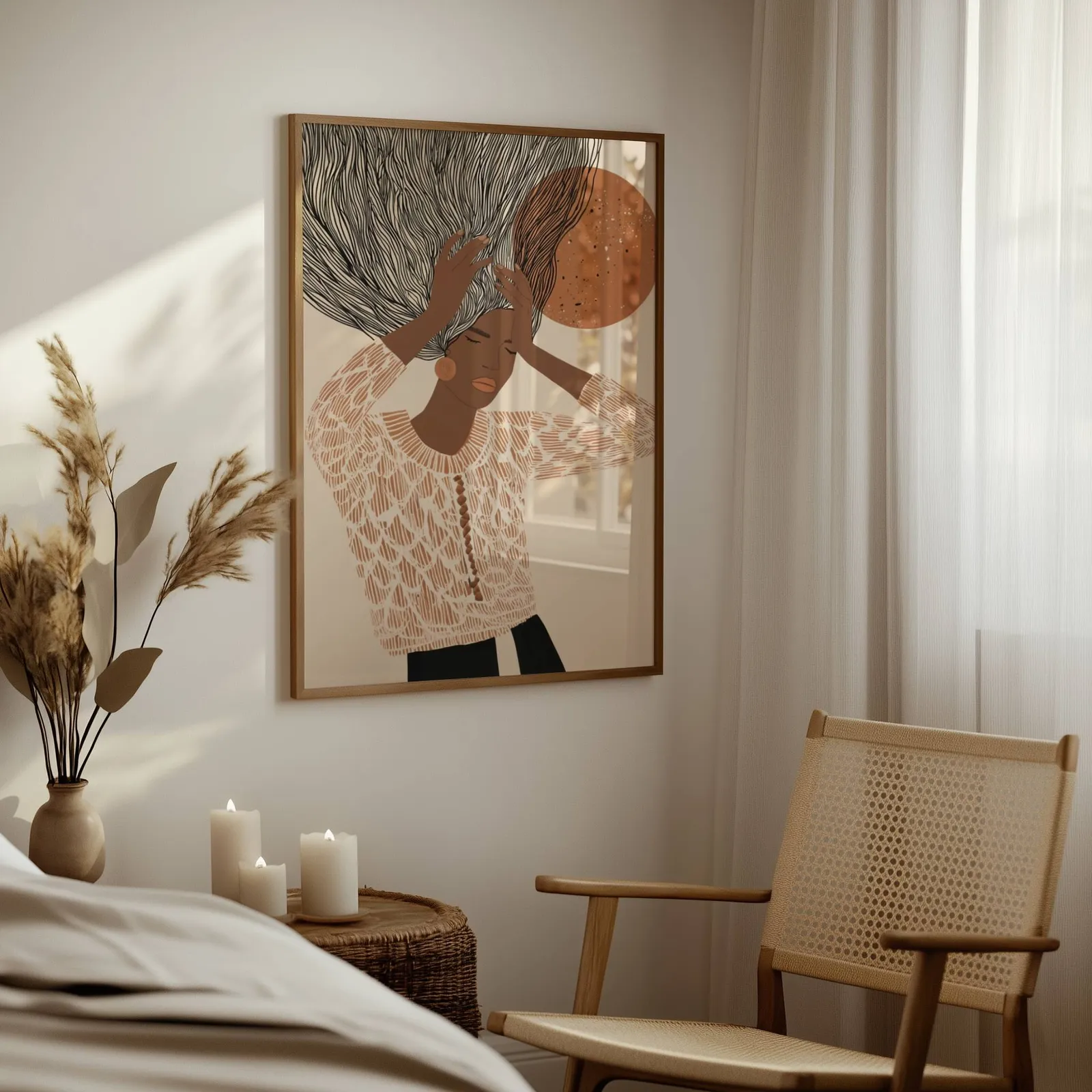 terracotta abstract woman wall art with flowing hair, above a woven side table with lit candles and pampas grass