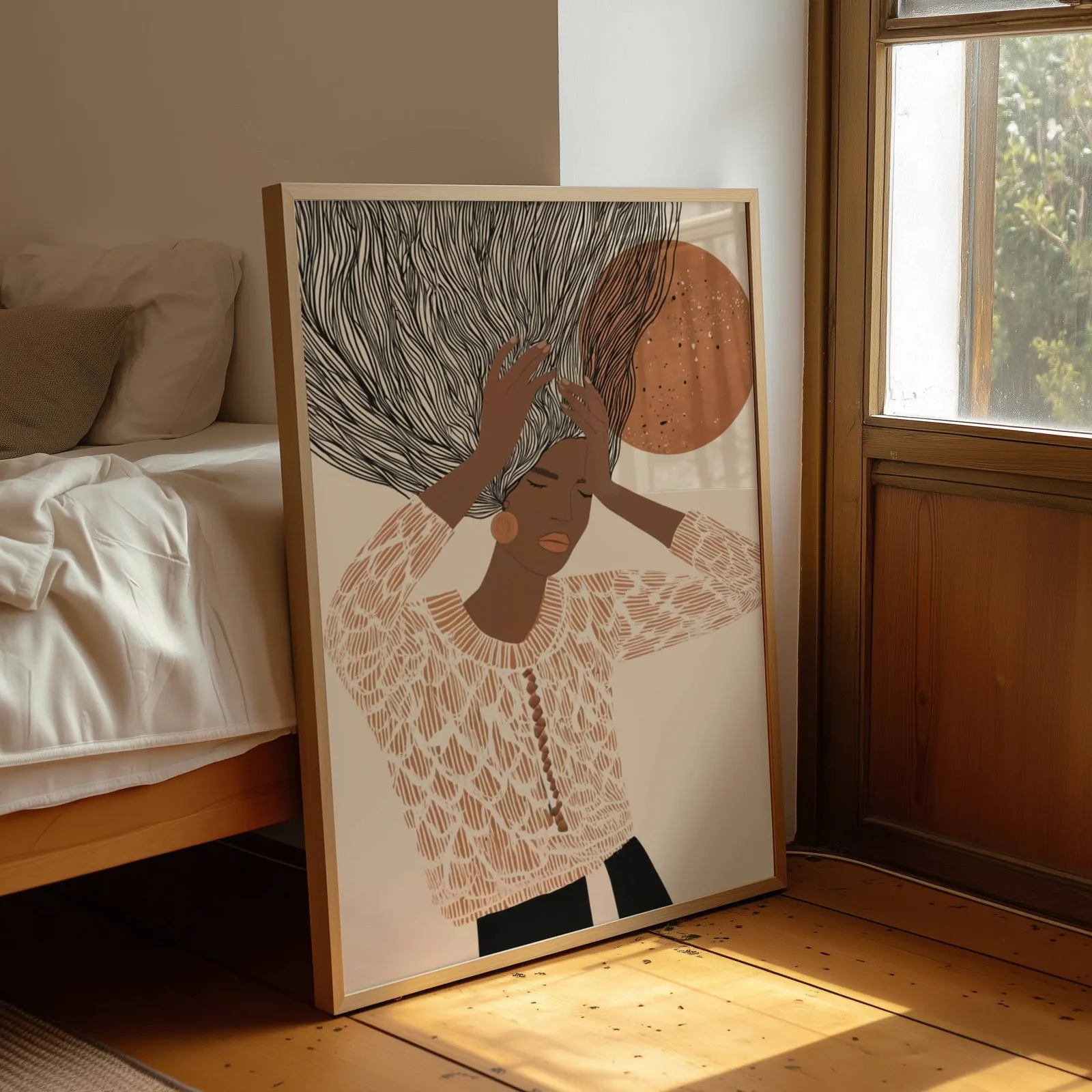 terracotta abstract woman wall art with flowing hair, leaning by a sunlit window beside an unmade bed