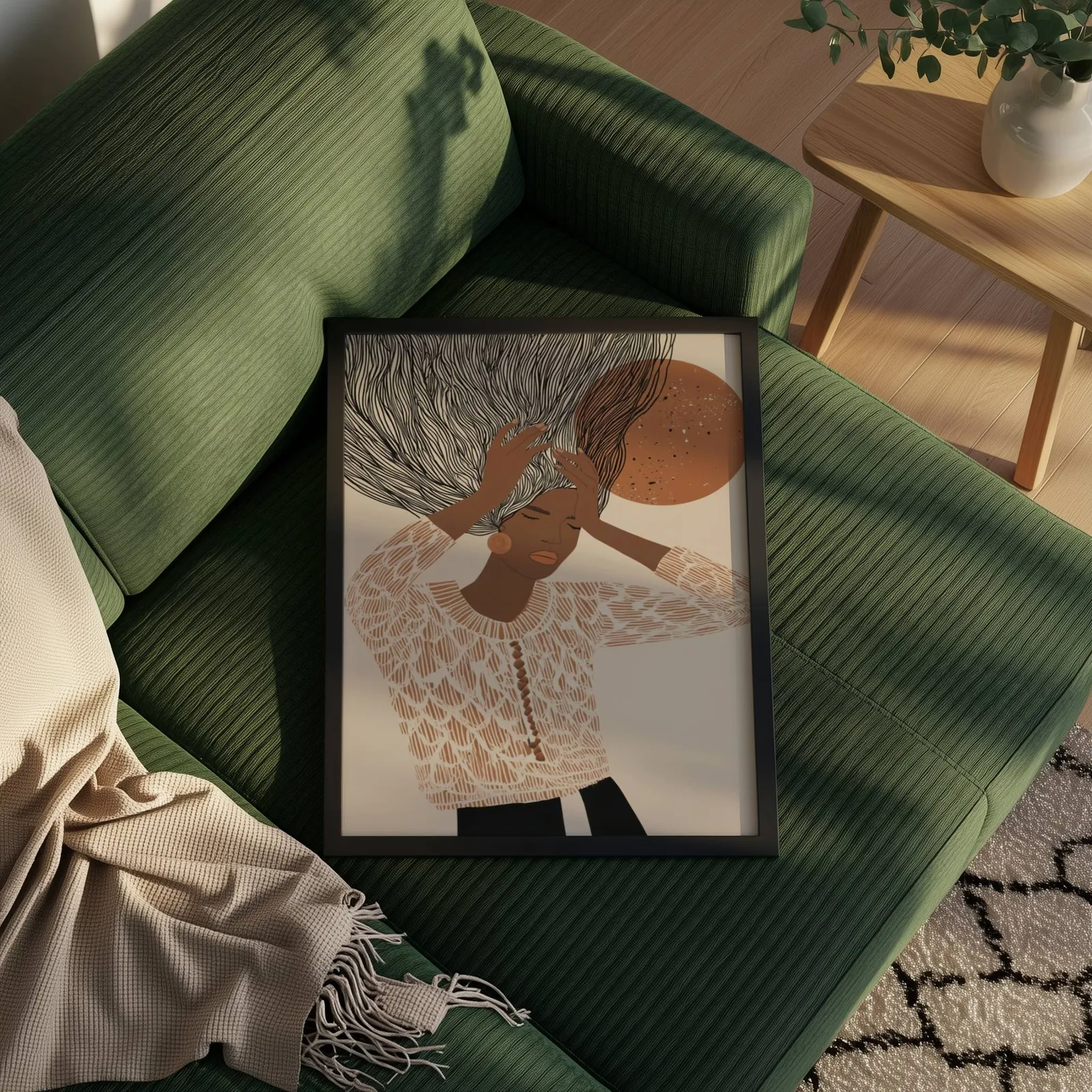 terracotta abstract woman wall art with flowing hair, propped on a ribbed olive-green sofa beside a fringed throw