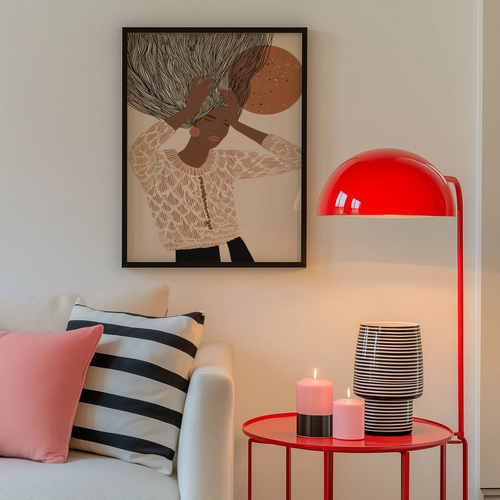 terracotta abstract woman wall art with flowing hair, above a cream sofa beside a glossy red dome lamp