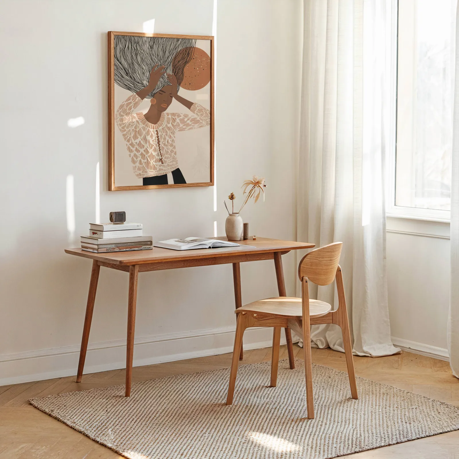 terracotta abstract woman wall art with flowing hair, above a wooden desk stacked with books near a sunlit window
