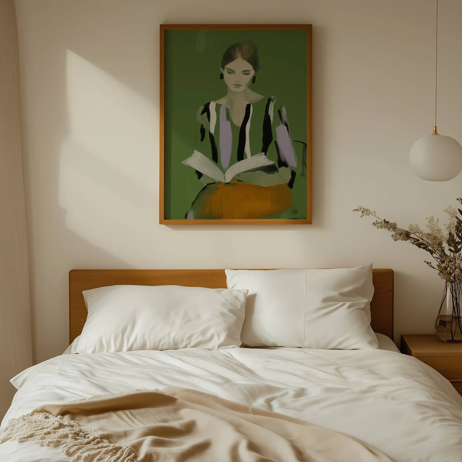 green modern woman reading wall art, above a wooden headboard with white linen pillows