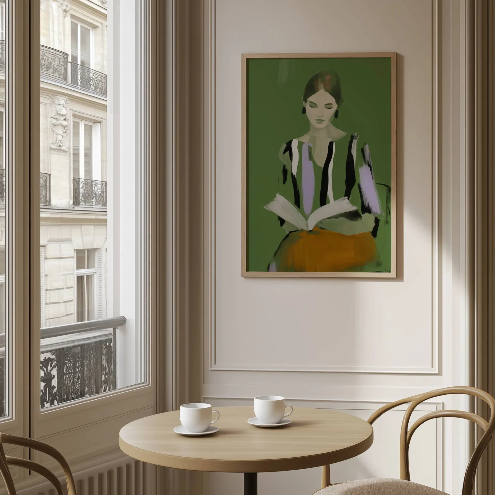 green modern woman reading wall art, above a round café table set with two coffee cups