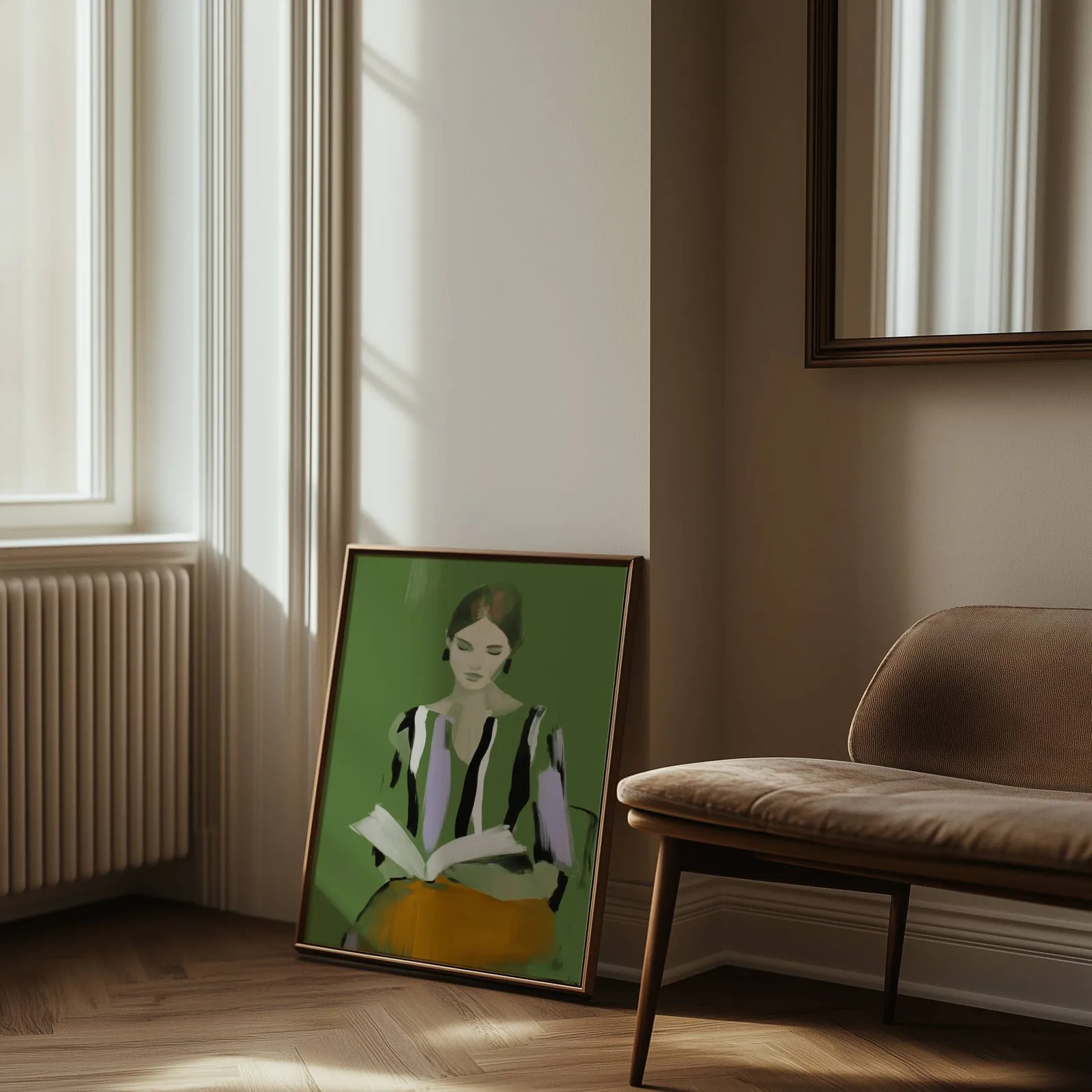 green modern woman reading wall art, leaning against the wall beside a sunlit radiator and herringbone floor