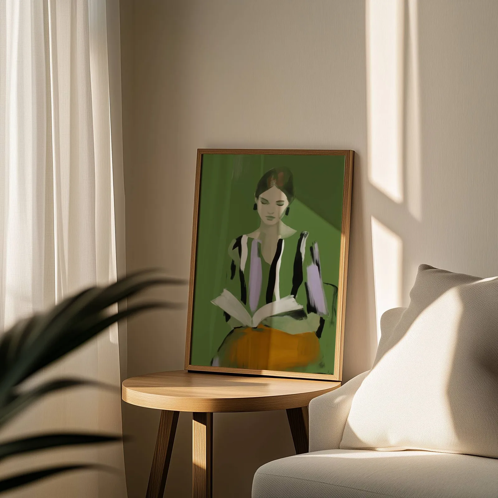 green modern woman reading wall art, leaning on a round wooden side table by a sheer curtain