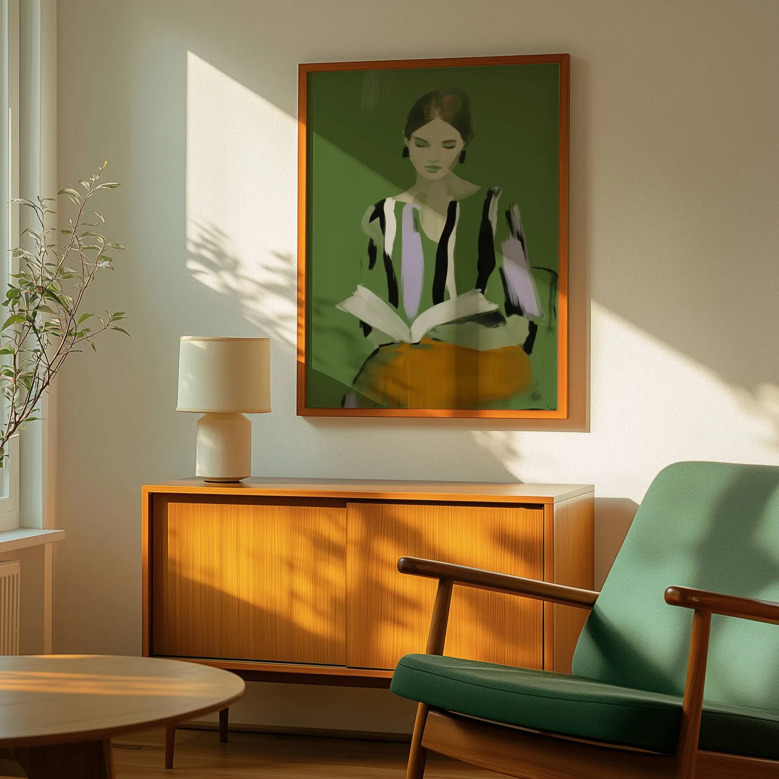 green modern woman reading wall art, above a wooden sideboard with a ceramic lamp and dappled sunlight