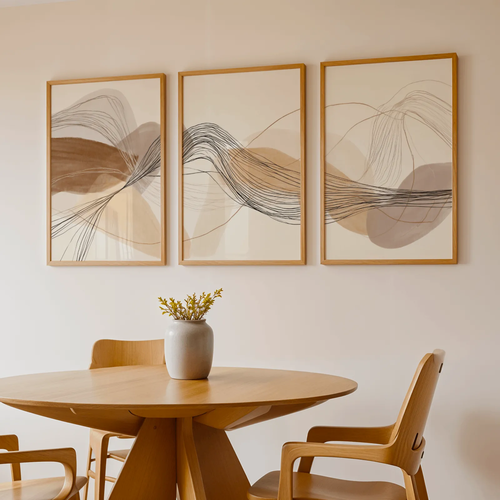 neutral abstract triptych wall art in terracotta and beige, above a round wooden table with a stoneware vase