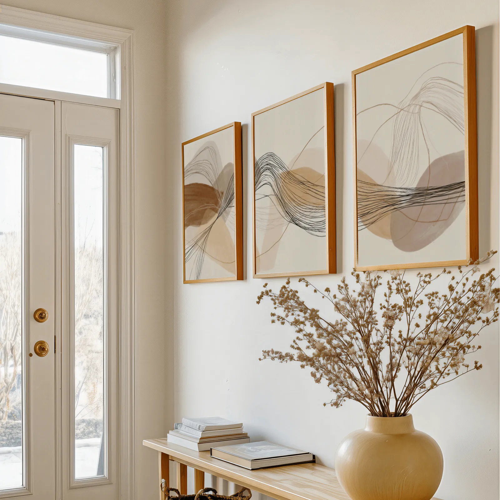 neutral abstract triptych wall art in terracotta and beige, above a console table with a yellow vase of dried branches