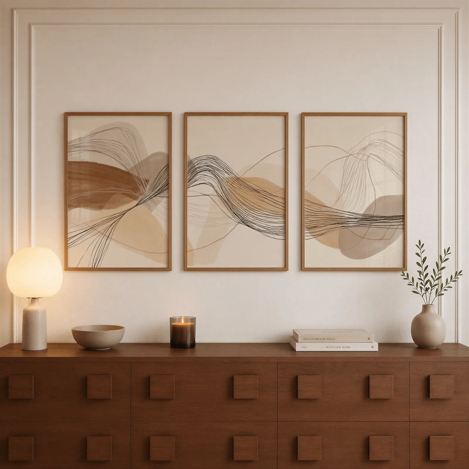 neutral abstract triptych wall art in terracotta and beige, above a walnut sideboard with a lit candle and glowing lamp