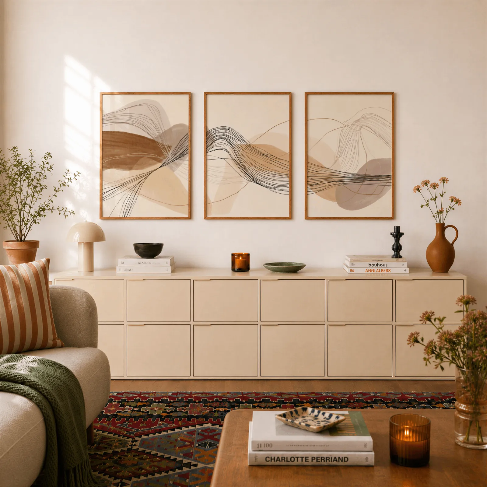 neutral abstract triptych wall art in terracotta and beige, above a long cream sideboard topped with books and a terracotta jug
