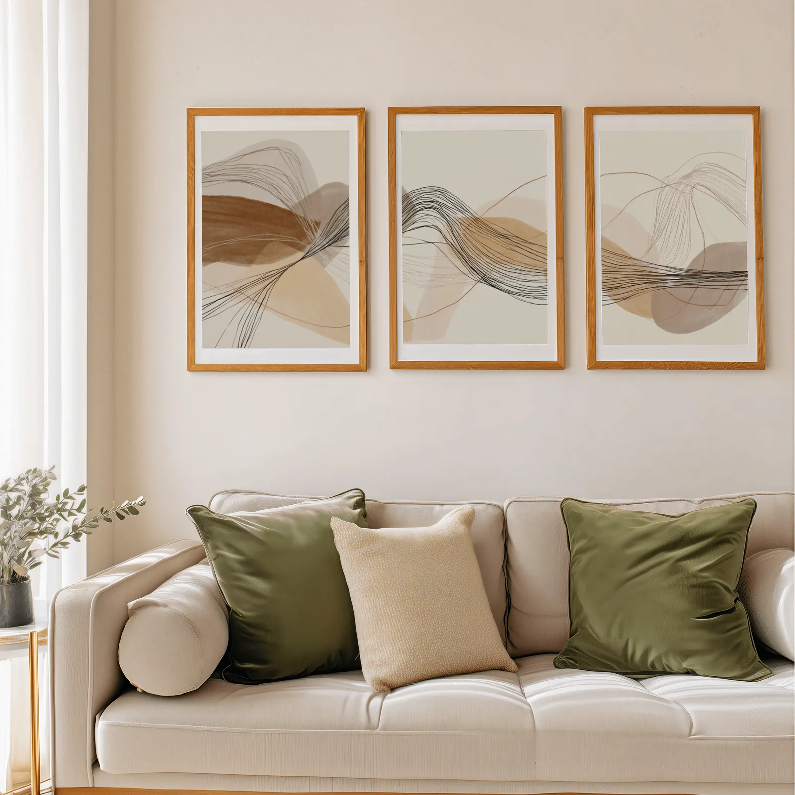 neutral abstract triptych wall art in terracotta and beige, above a beige sofa piled with olive green cushions