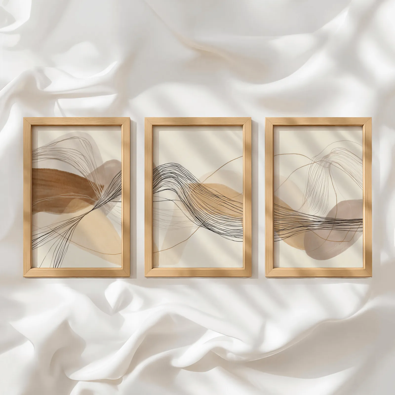 neutral abstract triptych wall art in terracotta and beige, in a row atop rumpled white silky fabric
