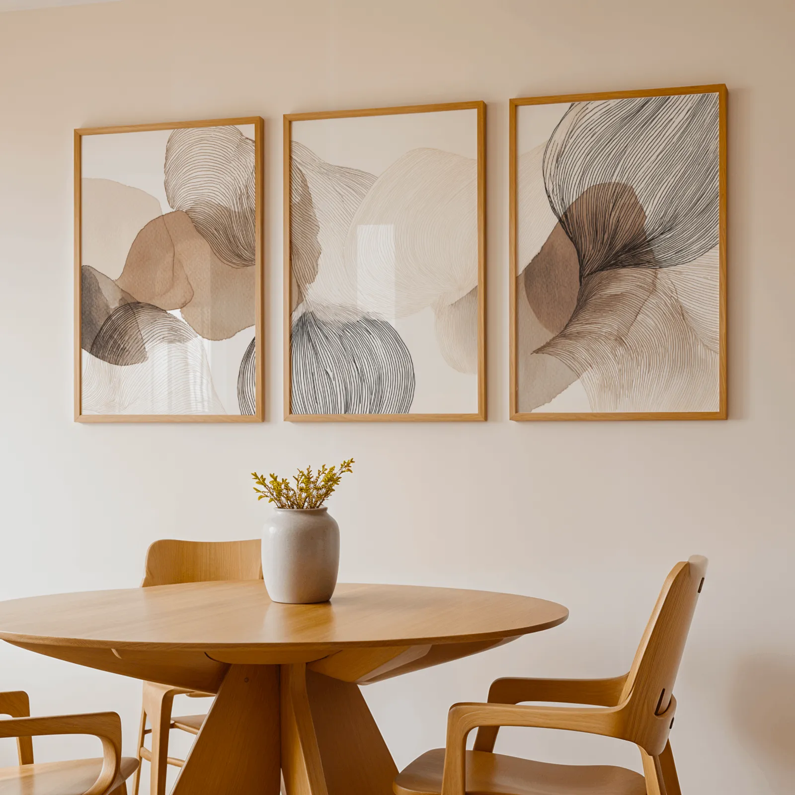 abstract three piece wall art in brown and grey, above a round wooden table with a stoneware vase