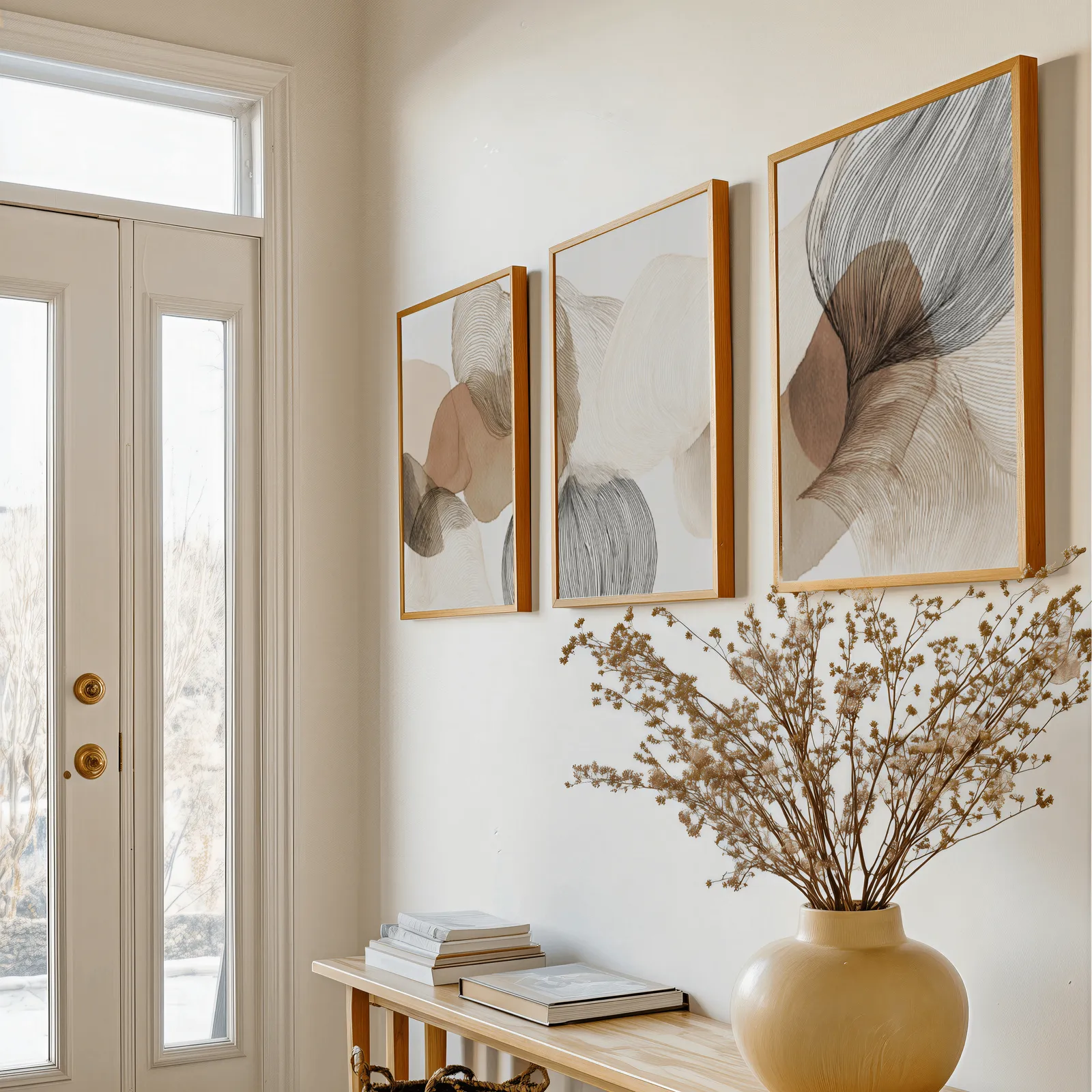 abstract three piece wall art in brown and grey, above a console table with a yellow vase of dried branches