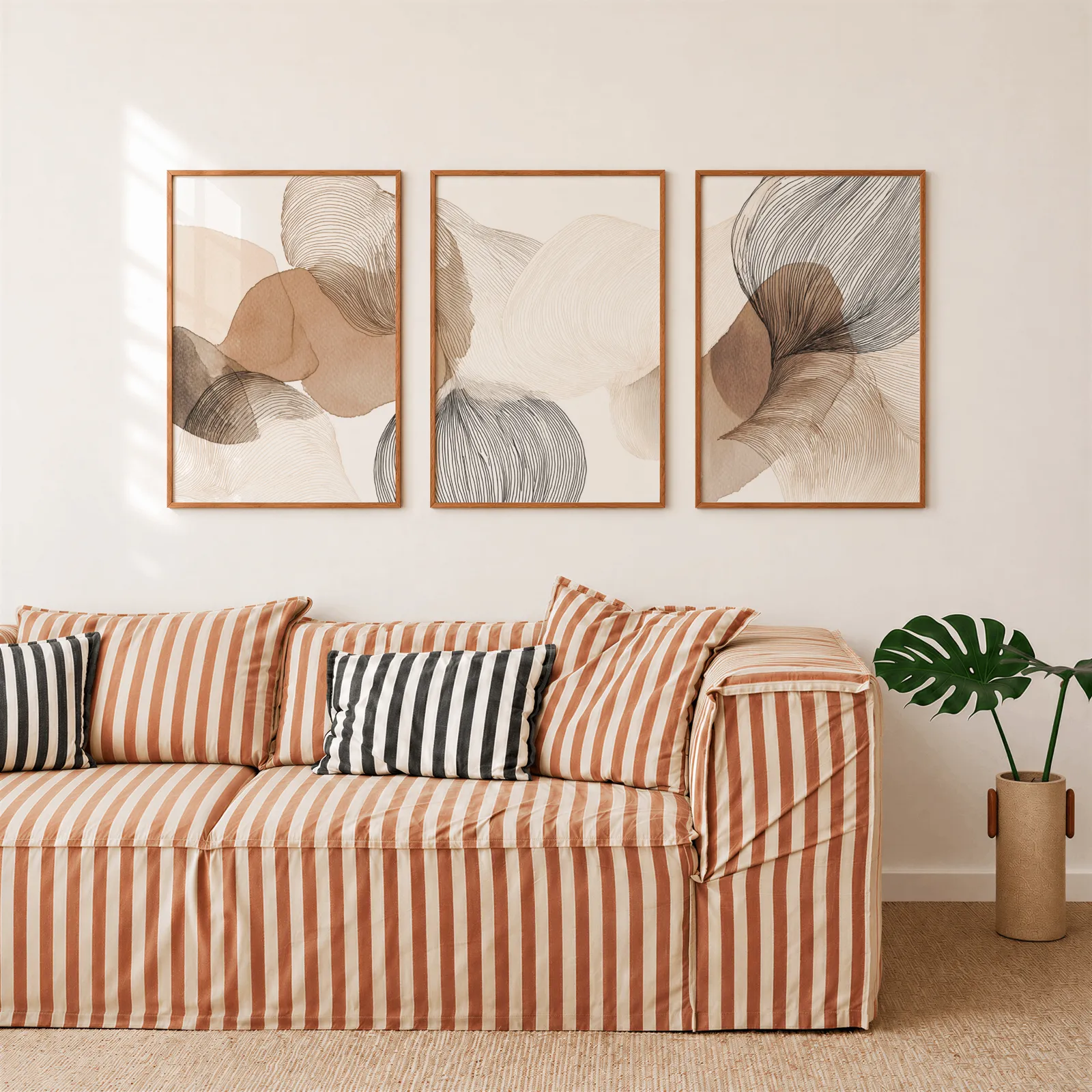 abstract three piece wall art in brown and grey, above a rust-striped sofa beside a potted monstera