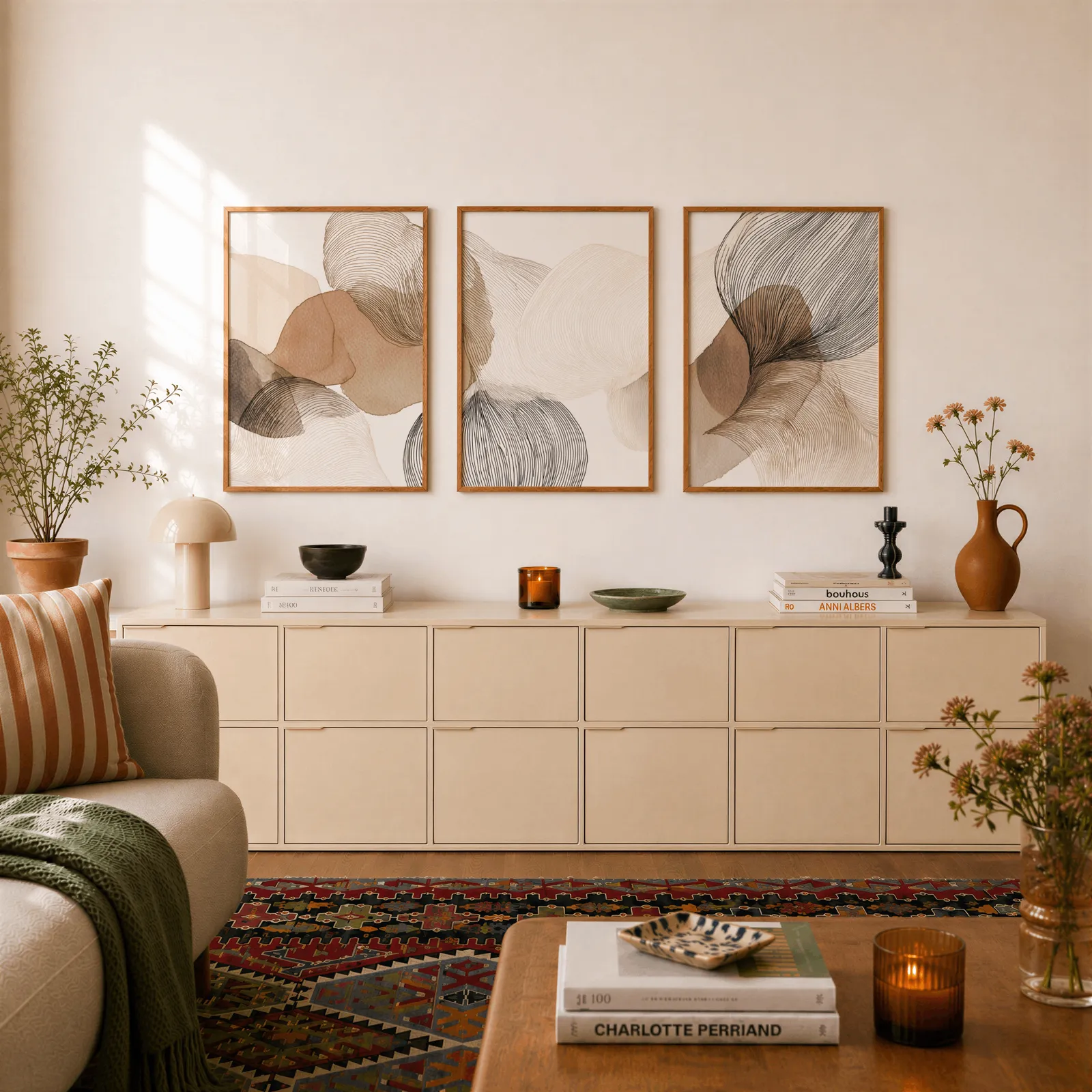 abstract three piece wall art in brown and grey, above a long cream sideboard topped with books and a terracotta jug