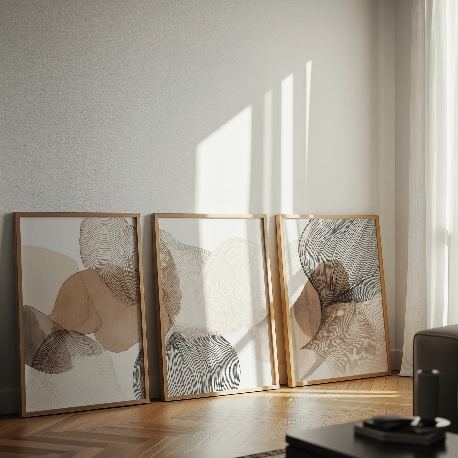 abstract three piece wall art in brown and grey, leaning against a sunlit wall on herringbone flooring
