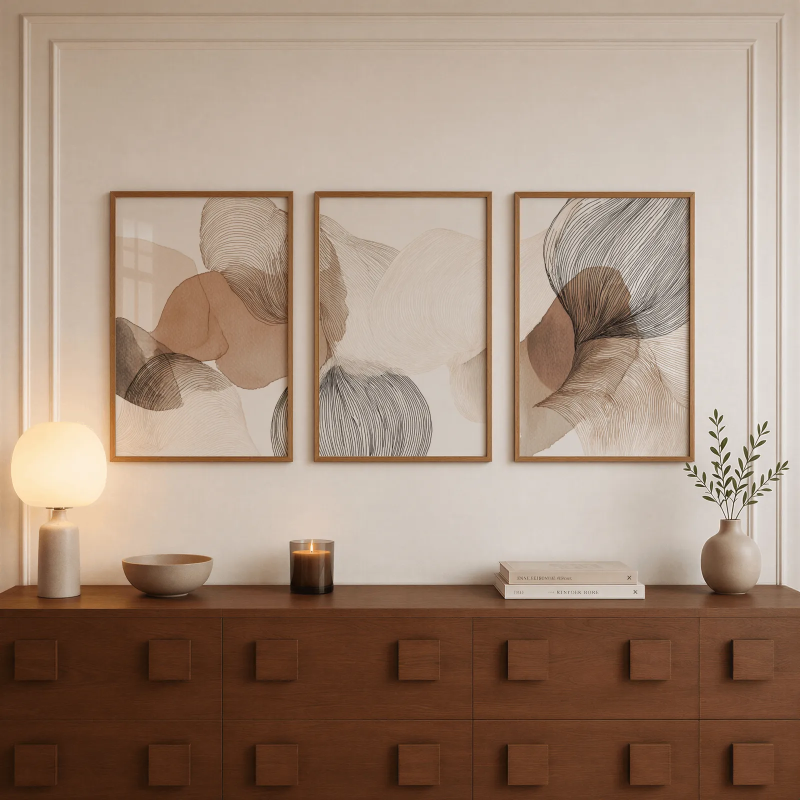 abstract three piece wall art in brown and grey, above a walnut sideboard with a lit candle and glowing lamp