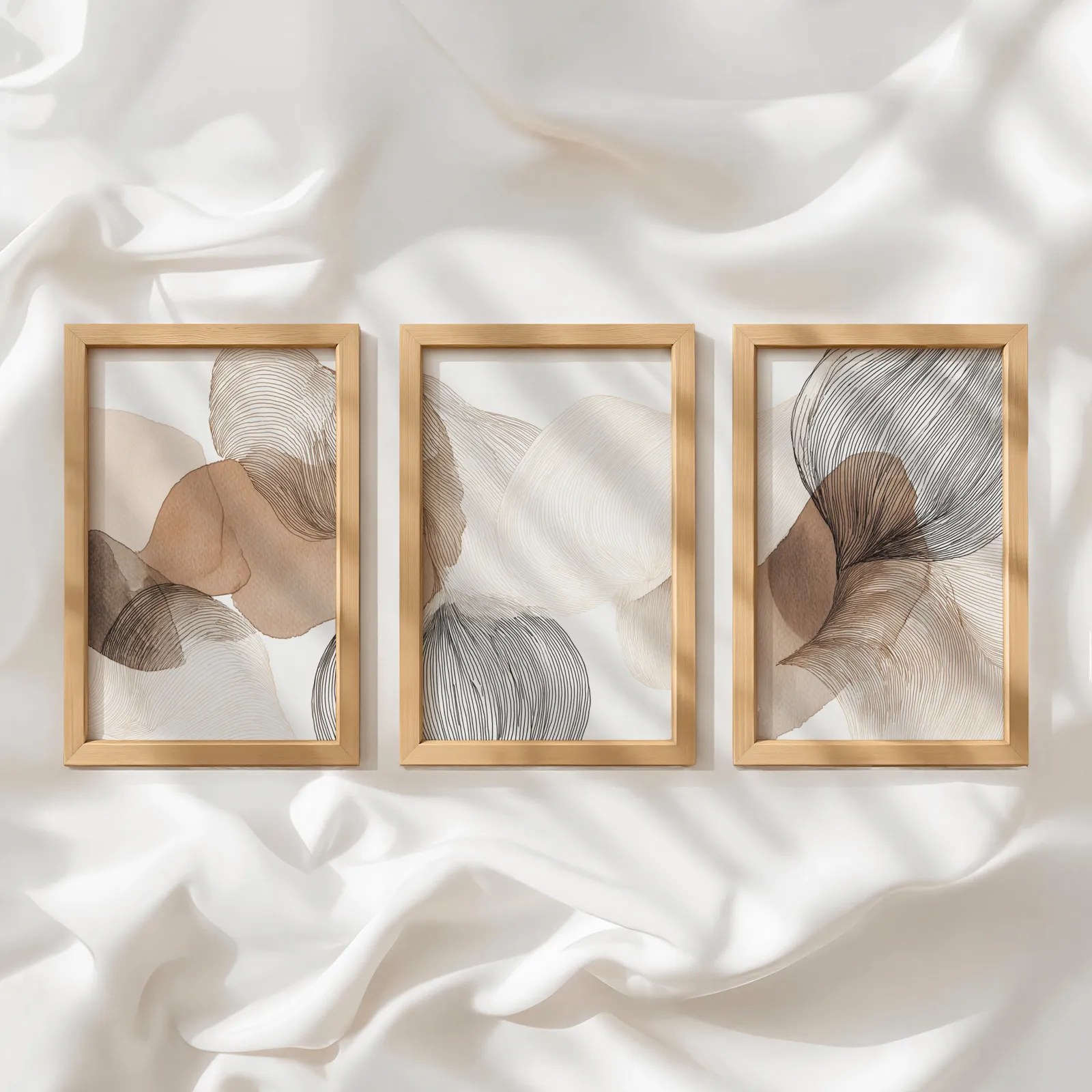 abstract three piece wall art in brown and grey, in a row atop rumpled white silky fabric