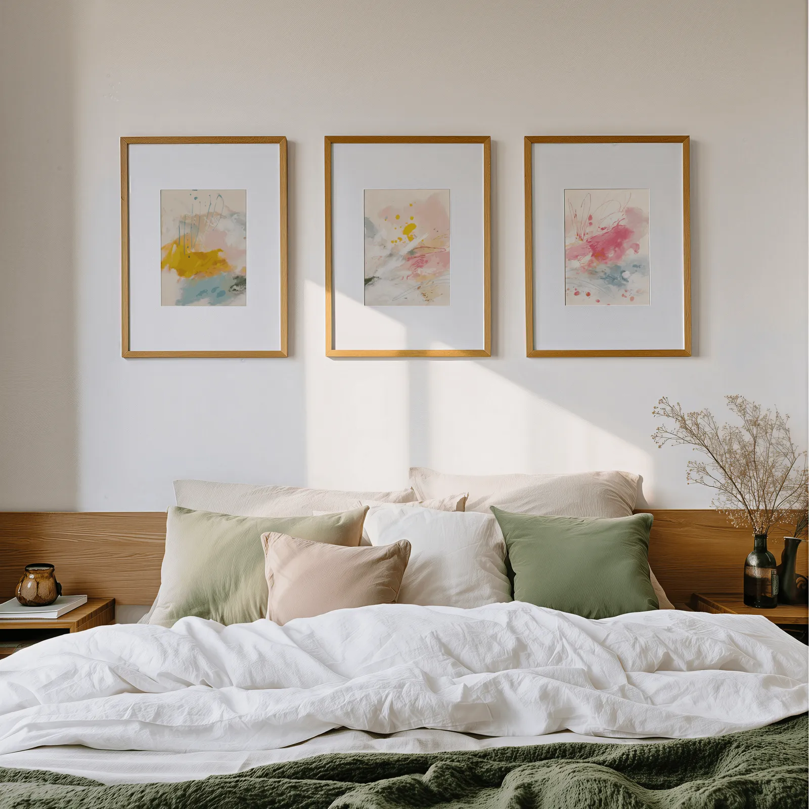colorful abstract triptych wall art in yellow and pink, above a wooden headboard scattered with sage and blush pillows